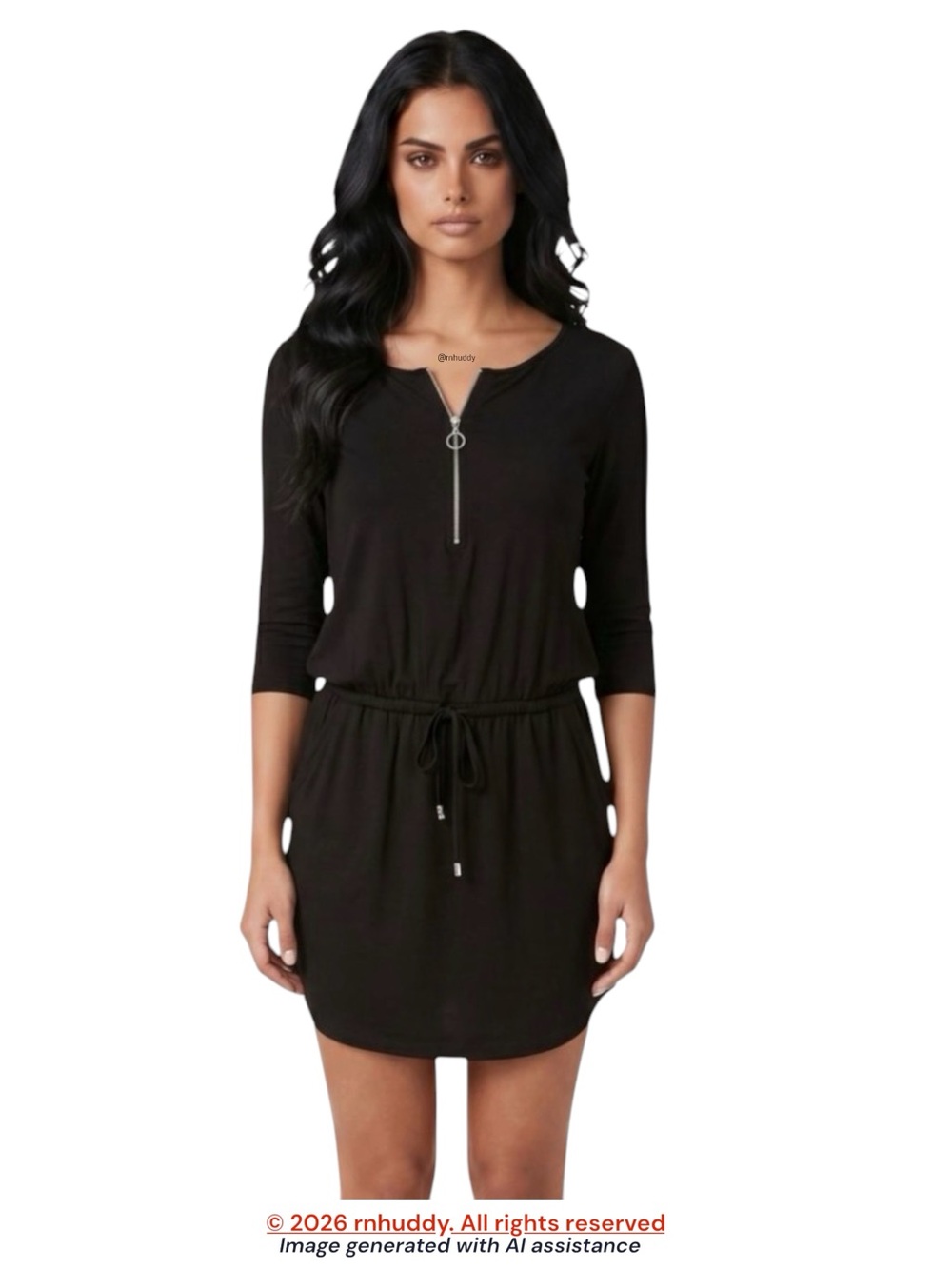 LASCANA L black drawstring waist 3/4 sleeve mini dress with pockets - Picture 1 of 12